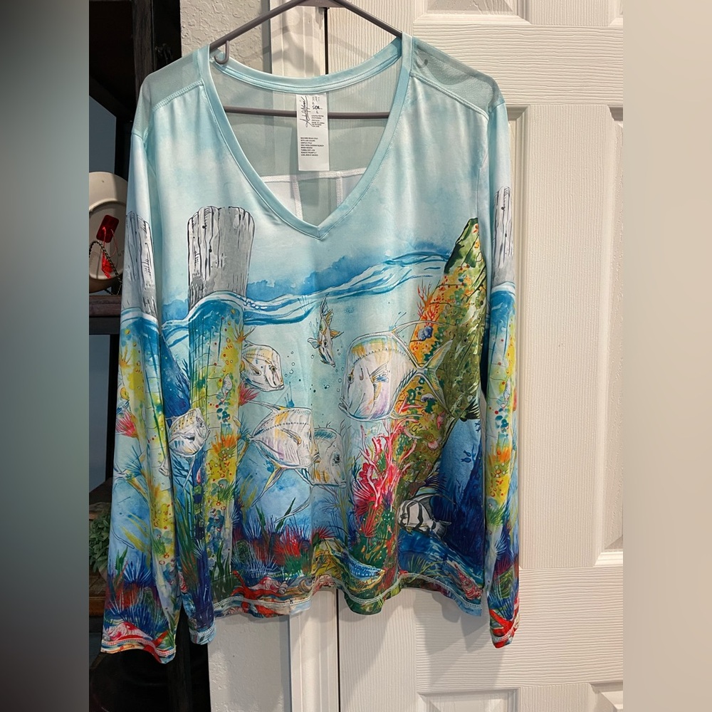 Art & Sol by Amber Moran long sleeve mesh ARTSEY ocean print swim shirt Lg